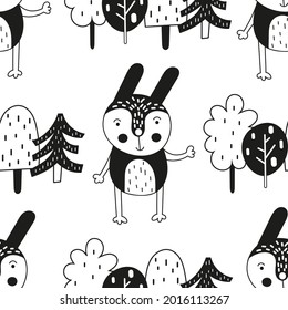 Monochrome seamless pattern - hare in forest. Bw Kids illustration for nursery. Perfect for baby clothes, greeting card, wrapping. 