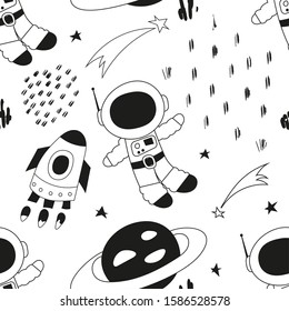 Monochrome Seamless Pattern With Spaceman, Saturn And Rocket In Outer Space In Scandinavian Style. Illustration. Kids Poster For Nursery. Great For Baby Clothes, Greeting Card, Wrapping Paper.