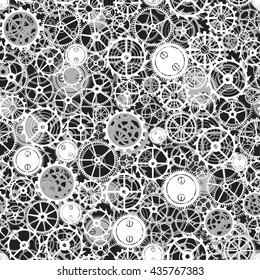Monochrome Seamless rusty cogwheel pattern. Factory background. Art illustration