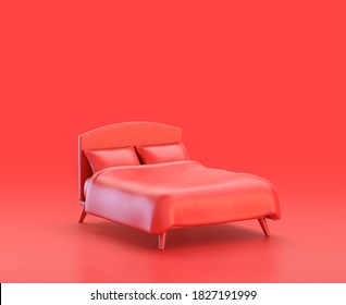 monochrome single color red a bed in red background,single color, 3d Icon, 3d rendering, household bedroom furniture