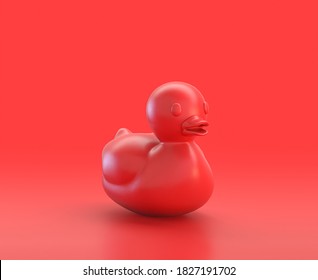 Monochrome Single Red Color Rubber Ducky In Red Background,single Color, 3d Icon, 3d Rendering, Household Objects