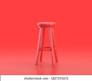 Monochrome Single Red Color Tall Stool In Red Background,single Color, 3d Icon, 3d Rendering, Household Objects