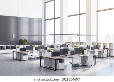 Monochrome Style Open Space Office With High Ceiling, Marble Floor, White Furniture And Wooden Tables. 3D Rendering