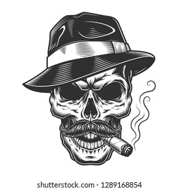 Monochrome vintage skull in mafia and gangster style.  illustration