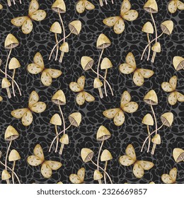 Monochrome Watercolor Pattern With Mushrooms And Butterflies  Mushroom And Butterfly On Abstract Background  Seamless pattern 