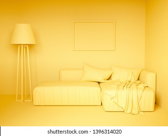 Monochrome Yellow Colorized Design Interior. 3d Rendering Illustration
