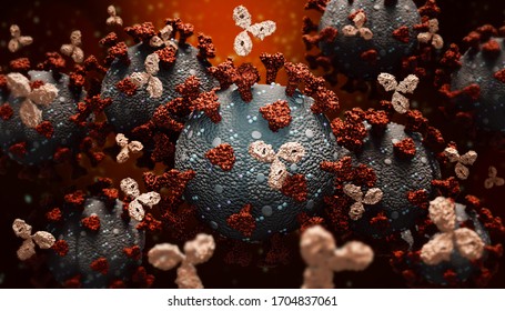 Monoclonal antibodies or immunoglobulin fighting against a group of coronavirus or covid cells 3D rendering illustration. Immunity, immune system, immunotherapy, biomedical, biology, medicine concepts