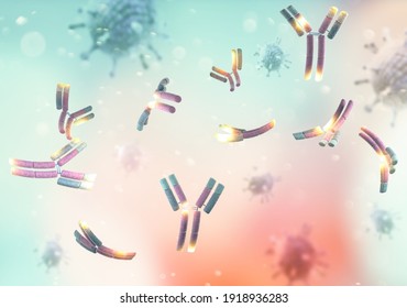 Ein monoklonaler Antikörper (mAb oder moAb) ist ein Antikörper, der durch Klonen einer eindeutigen weißen Blutzelle gebildet wird. Alle nachfolgenden Antikörper, die auf diese Weise gewonnen werden, führen zurück zu einer eindeutigen Stammzelle. Coronavirus. 3D-Darstellung