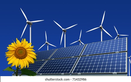 mono-crystalline solar panels, wind turbines and sunflower against a blue background