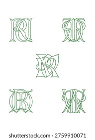 Monogram initials combinations, decorative interlocking letters in green and white line art, isolated on white background.