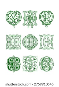 Monogram initials combinations, decorative interlocking letters in green and white line art, isolated on white background.