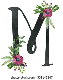 Monogram letter M made of black chalkboard background and floral composition from red wine color anemone flowers, green leaves, fern and berries. Watercolor flower alphabet. Real watercolor painting.