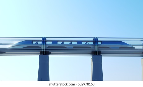 Monorail Futuristic Train In Tunnel. 3d Illustration