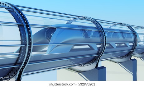 Monorail Futuristic Train In Tunnel. 3d Illustration