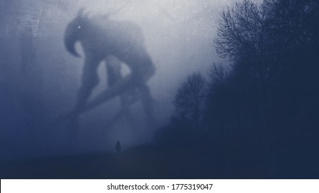A monster appearing out the fog on a winters day. With a figure looking up. With an old grunge, textured edit