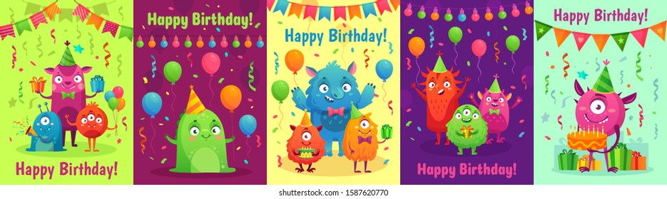 Monster birthday greeting card. Monsters with happy birthday gifts, kids party invitation and friendly monster. Alien and beast birthday greeting postcard cartoon character  illustration set - Powered by Shutterstock