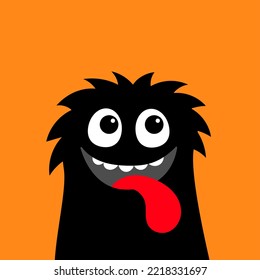 Monster Black Head Face Silhouette. Happy Halloween. Cute Funny Kawaii Cartoon Baby Character. Eyes, Teeth. Showing Tongue. Smiling Face. Sticker Print. Boo. Flat Design. Orange Background. 