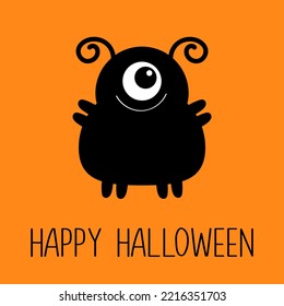 Monster Black Silhouette. Happy Halloween. Cute Funny Kawaii Cartoon Baby Character. Eyes, Teeth Hands. Smiling Face. Sticker Print. Boo. Flat Design. Orange Background. 