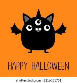 Monster Black Silhouette Happy Halloween. Cute Funny Kawaii Cartoon Baby Character. Eyes, Teeth, Hands, Wing Horn. Smiling Face. Sticker Print. Boo. Flat Design. Orange Background 