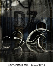 Monster creature in abandoned sewer,3d rendering