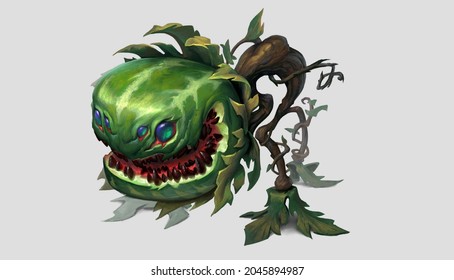 Monster flytrap plant cartoon illustration. This scary  plant have sharp teeth with a wide mouth. This monster plant have huge eyes on both sides. It is a science fiction cartoon character.