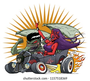 Monster Hot Rod With Driving Demon Girl And Monster Riding Shotgun With Starburst Background For Black Tshirt