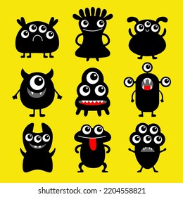 Monster Icon Set. Happy Halloween. Cute Kawaii Cartoon Funny Baby Character. Black Silhouette. Sticker Print Template.. Eyes, Horn, Fang Teeth Tongue. Flat Design. Yellow Background. 