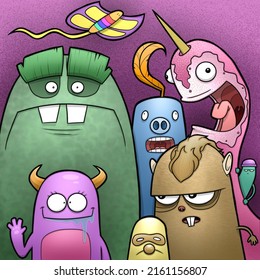 Monster Party Group Photo Cartoon Illustration