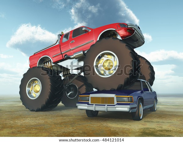 Monster truck driving over a car\
Computer\
generated 3D\
illustration