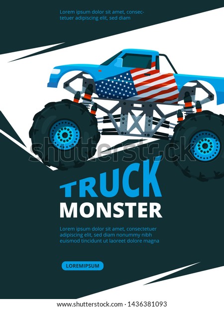 Monster truck poster. Design template of retro\
placard with illustration of monster truck. Transportation drive\
extreme, vehicle\
4x4