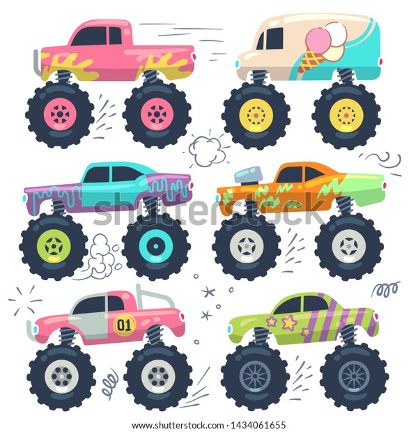 Monster trucks. Kids\
car toys. Cartoon set transport heavy, automobile monster, auto car\
power\
illustration