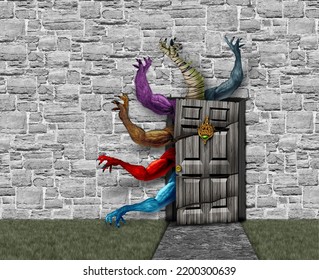 Monsters In A Haunted Halloween House As A Creepy Zombies Breaking Out Of A An Old Scary Mansion Door Representing Evil Spirits And Horror With 3D Illustration Elements.