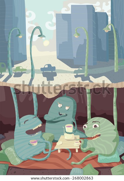 Monsters working and talking, raster illustration,\
vertical, colorful,\
funny.