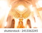 A monstrance containing the consecrated host being displayed in a church. Corpus Christi. Eucharist. 3D Illustration