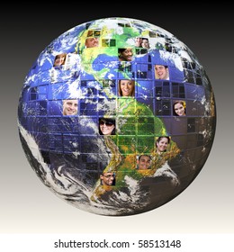 Montage Of The Earth With A Global Network Of People From All Walks Of Life On Different Continents.  A Concept For Crowd Source Or Outsourced Business. Earth Photo Courtesy Of NASA.