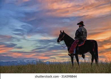 Montana Cowboy At Dawn,digital Oil Painting