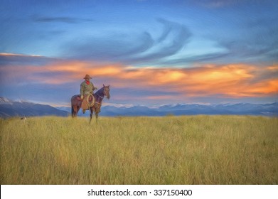 Montana Cowboy On Horseback Riding The Range With His Dog,digital Oil Painting