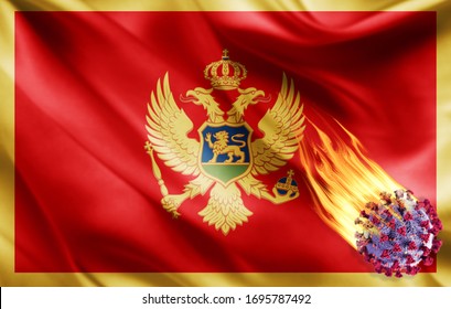 Montenegro Flag Of Silk With Covid-19 Coronavirus And Fire Flames -3D Illustration