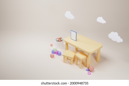 Montessori Kindergarten Playroom Or Elementary School Classroom With Child Table, Chairs, Mockup Blank Poster And Clouds. Cartoon 3d Illustration Kids Room With Toys, Balls And Cubes, Top View