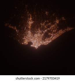 Montevideo (Uruguay) Street Lights Map. Satellite View On Modern City At Night. Imitation Of Aerial View On Roads Network. 3d Render, High Resolution