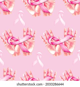 A Month Of Fighting Breast Cancer Pattern In Watercolor. Women's Health With A Pink Ribbon Symbol.