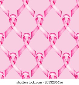 A Month Of Fighting Breast Cancer Pattern In Watercolor. Women's Health With A Pink Ribbon Symbol.