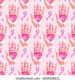 A Month Of Fighting Breast Cancer Pattern In Watercolor. Women's Health With A Pink Ribbon Symbol.