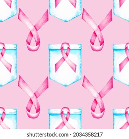 A Month Of Fighting Breast Cancer Pattern In Watercolor. Women's Health With A Pink Ribbon Symbol.