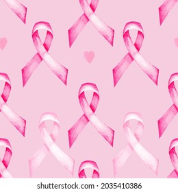 A Month Of Fighting Breast Cancer Pattern In Watercolor. Women's Health With A Pink Ribbon Symbol.