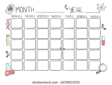 Monthly planner in a frame of science objects, printable template. Watercolor illustration hand drawn, cartoon. School, schedule, lessons, activities, planning