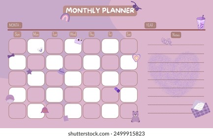 Monthly Planner Template. Cute Diary with Vector Characters and Cute Illustrations. Organizer and Schedule with place for Noted. Printable.  - Powered by Shutterstock