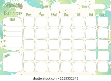 Monthly planner template with place for notes. Printable vector illustration in moden abstract style.