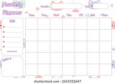 Monthly planner template with place for notes. Printable vector illustration in moden abstract style.