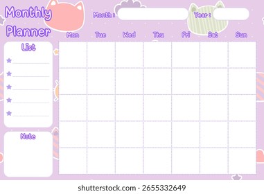 Monthly planner template with place for notes. Printable vector illustration in moden abstract style.